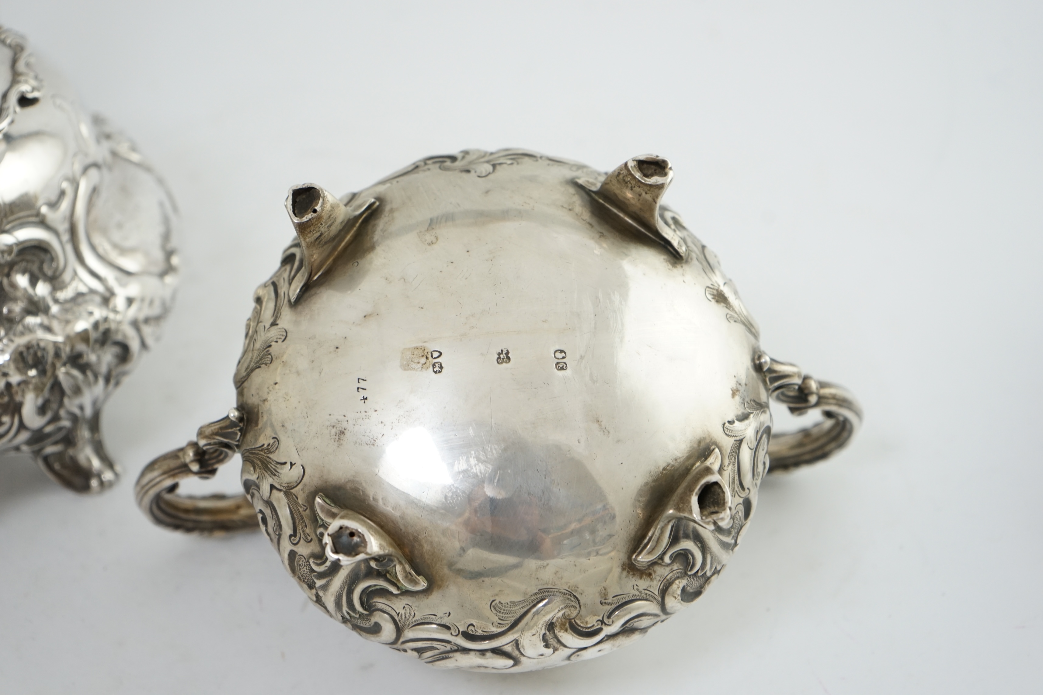 A matched Victorian and later silver three piece tea set